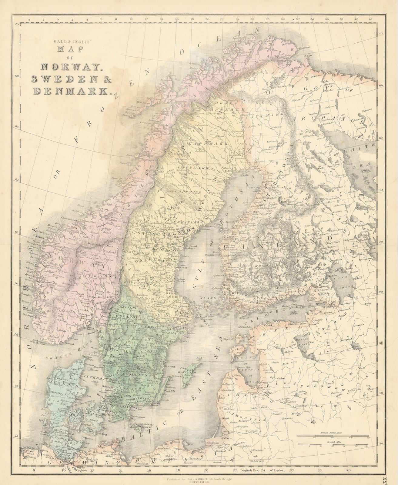 Gall & Inglis' Map of Sweden, Denmark & Norway. Finland Scandinavia Baltic 1850